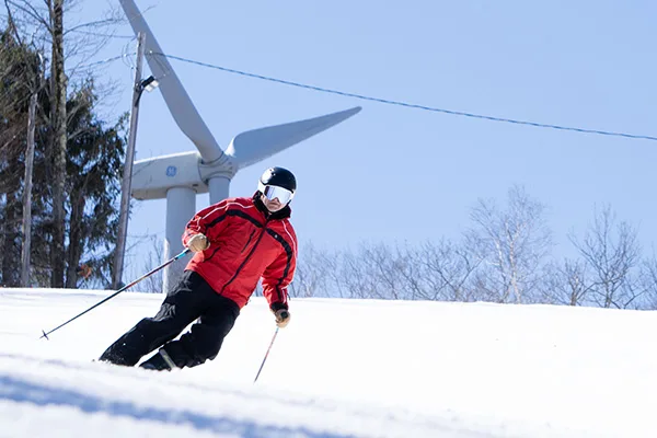 Skier with wind turbine in the background